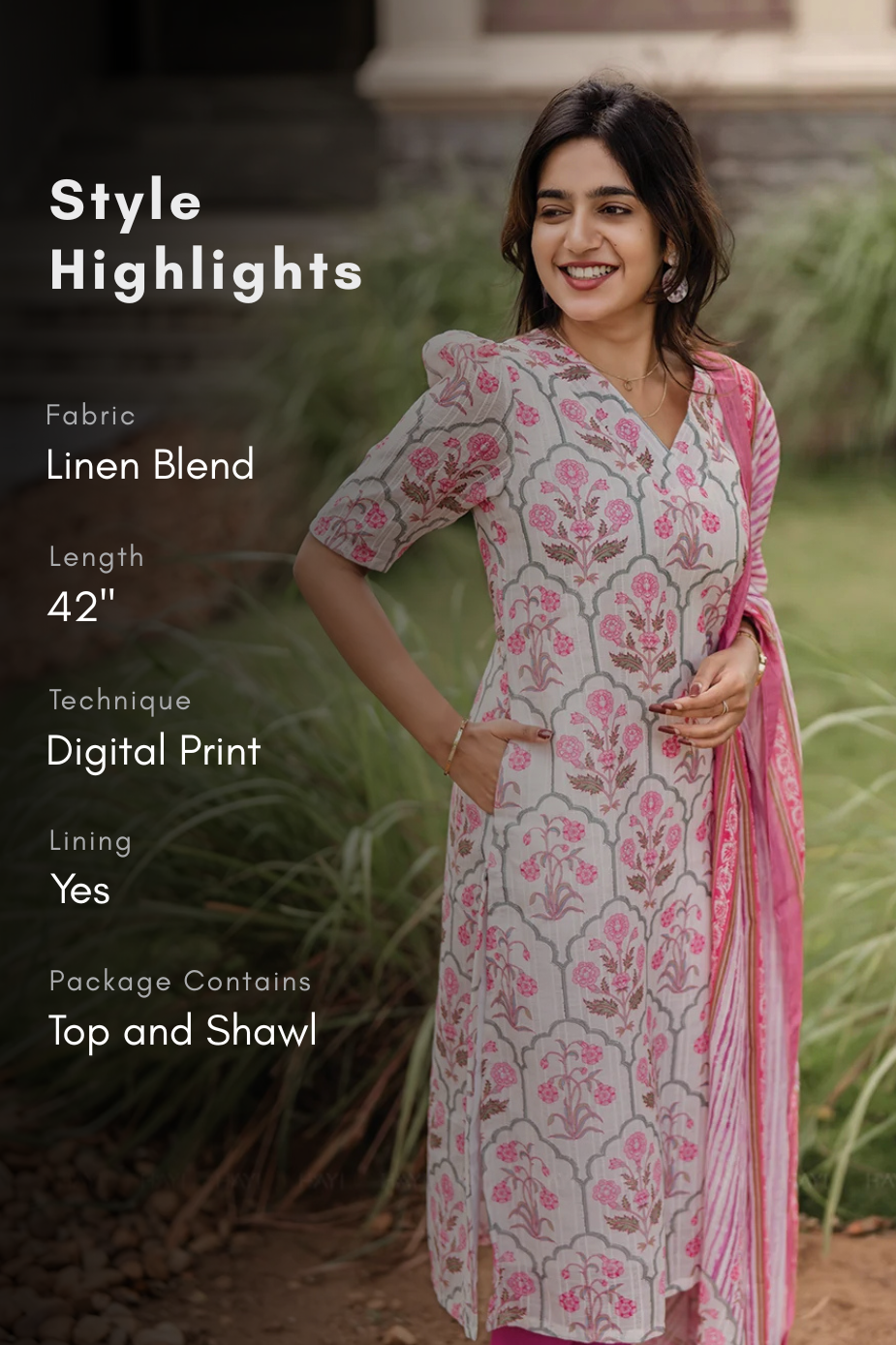 Bloomveil Half-White printed 2 Piece Linen Blend Kurta with Dupatta