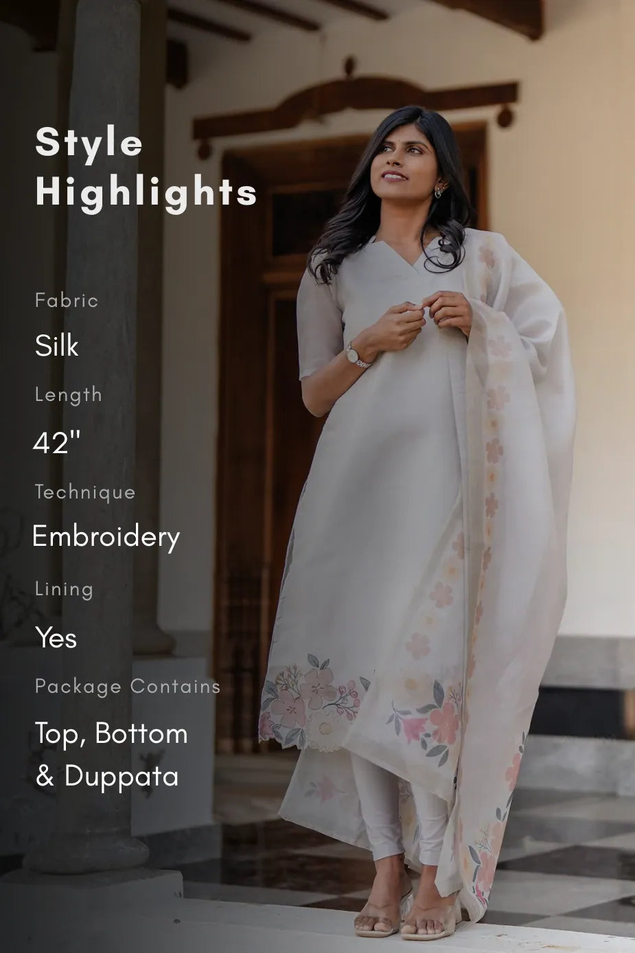 Silver Blossom 3 Piece Silk Blend Hand Embroidery Kurta with leggings &amp; Dupatta