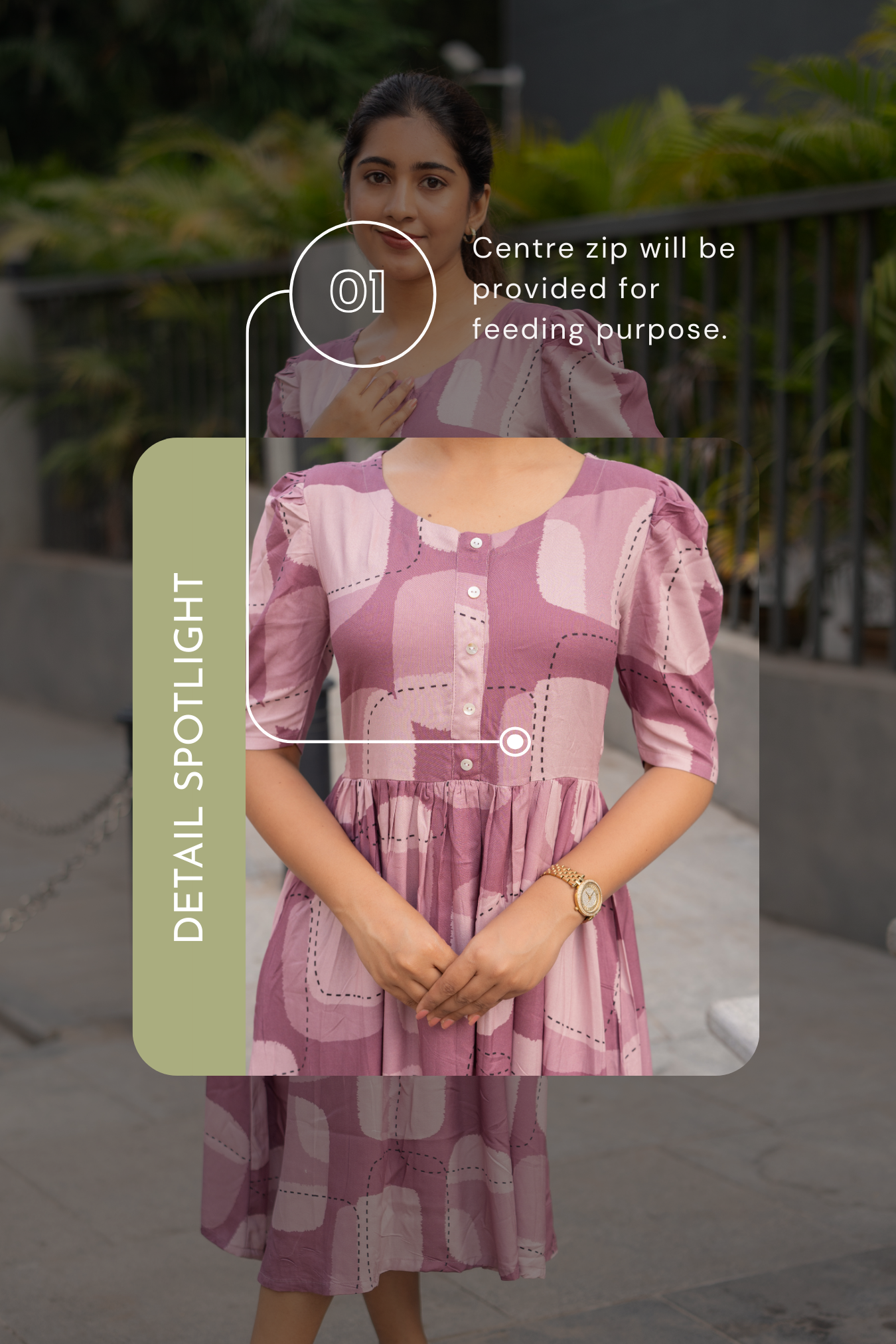 Dusty Calm Mauve Printed Maternity and Feeding Viscose Dress