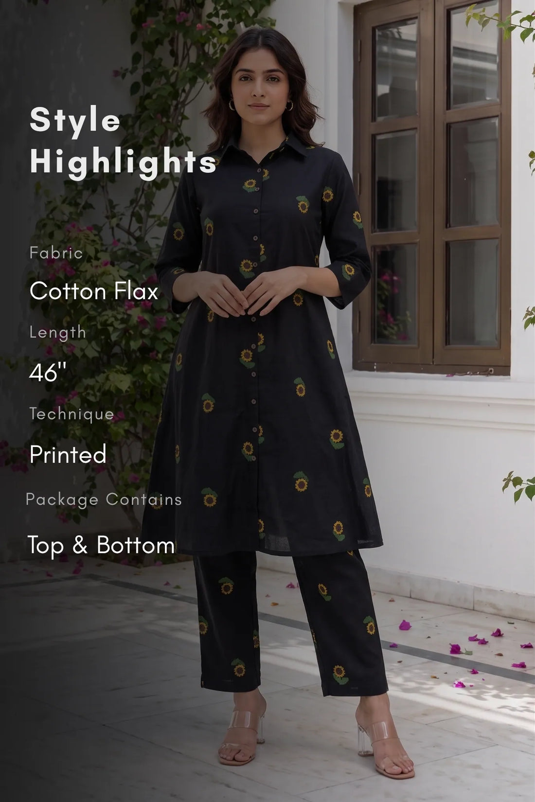 Sunflower Muse Black Cotton Flax Printed Co-ords Set