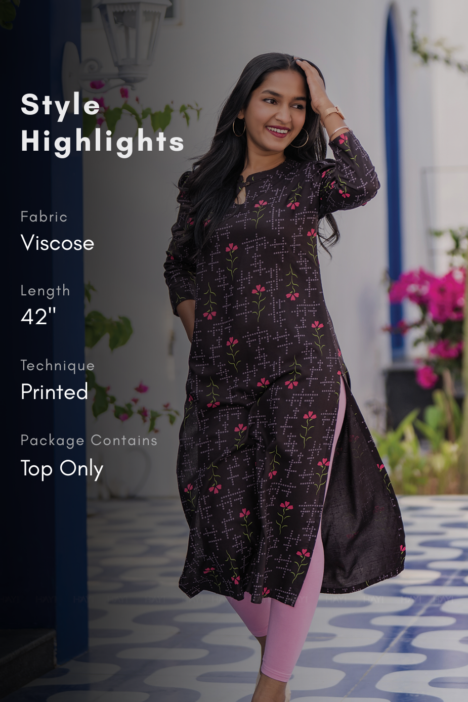 Duskmarch Floral  Brown Viscose Kurta with Chinese Collar &amp; light puff sleeve