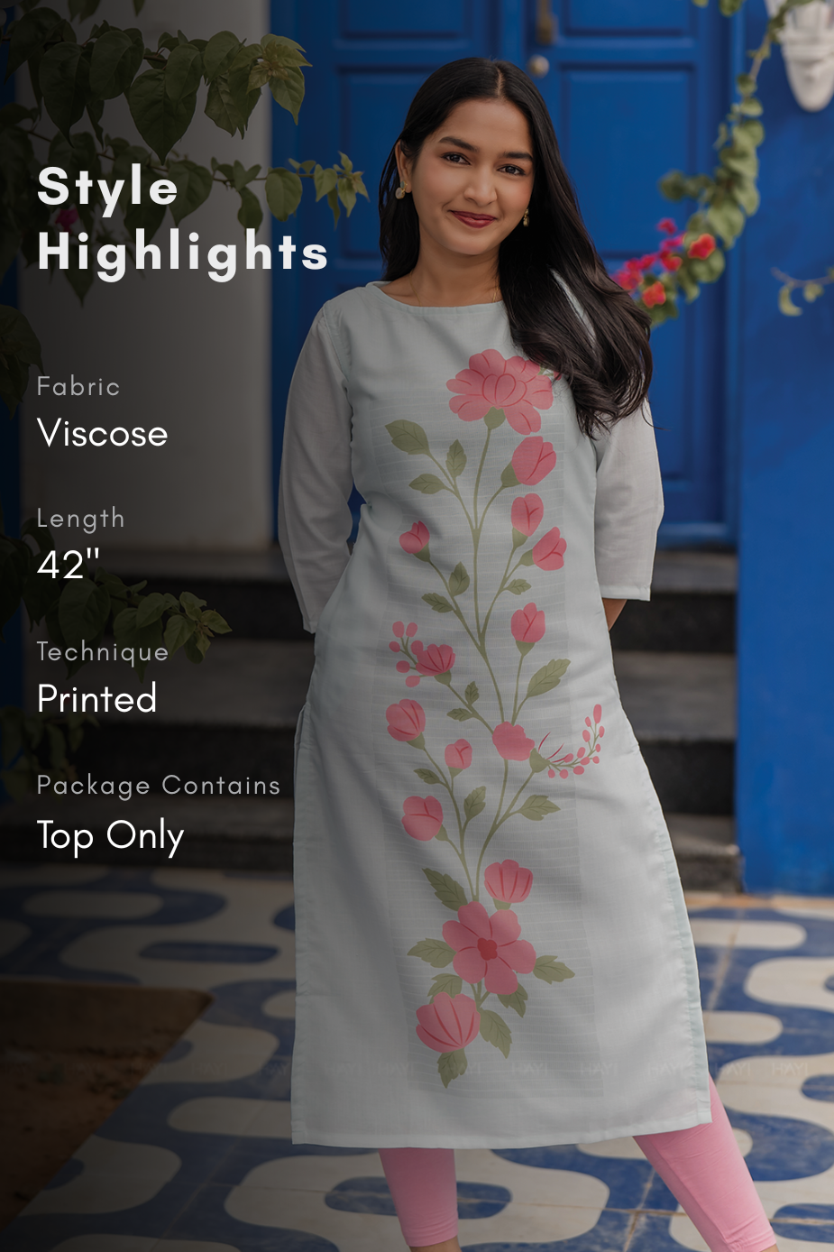 Floral Trail Blue Viscose Kurta with Boat Neck &amp; 3/4 Sleeves