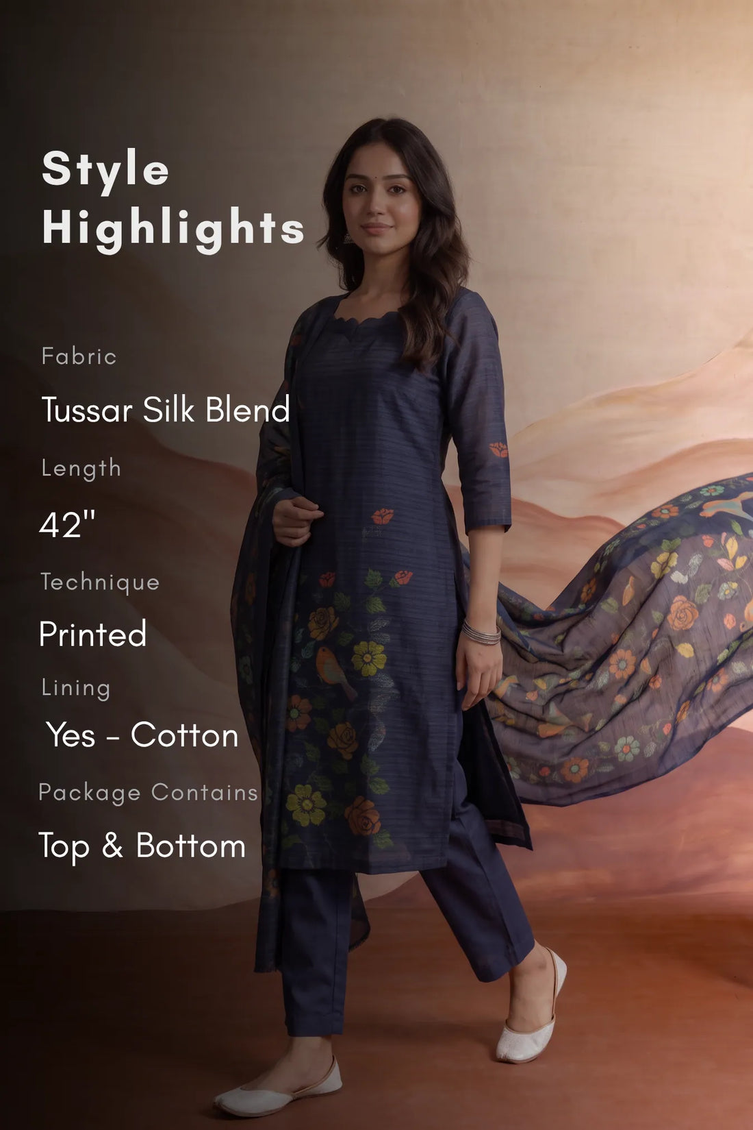 Bird Botanica Blue Tussar Silk Blend Floral Printed 3-Piece Kurta Set with Dupatta