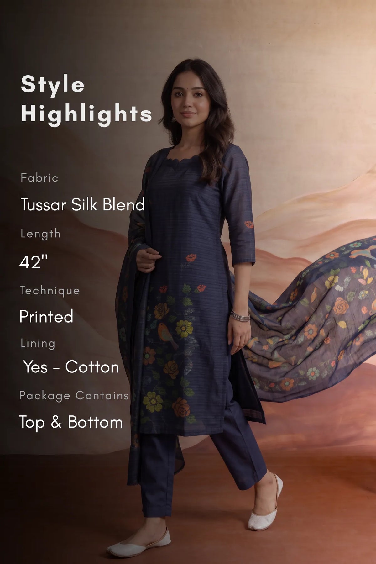 Bird Botanica Blue Tussar Silk Blend Floral Printed 3-Piece Kurta Set with Dupatta