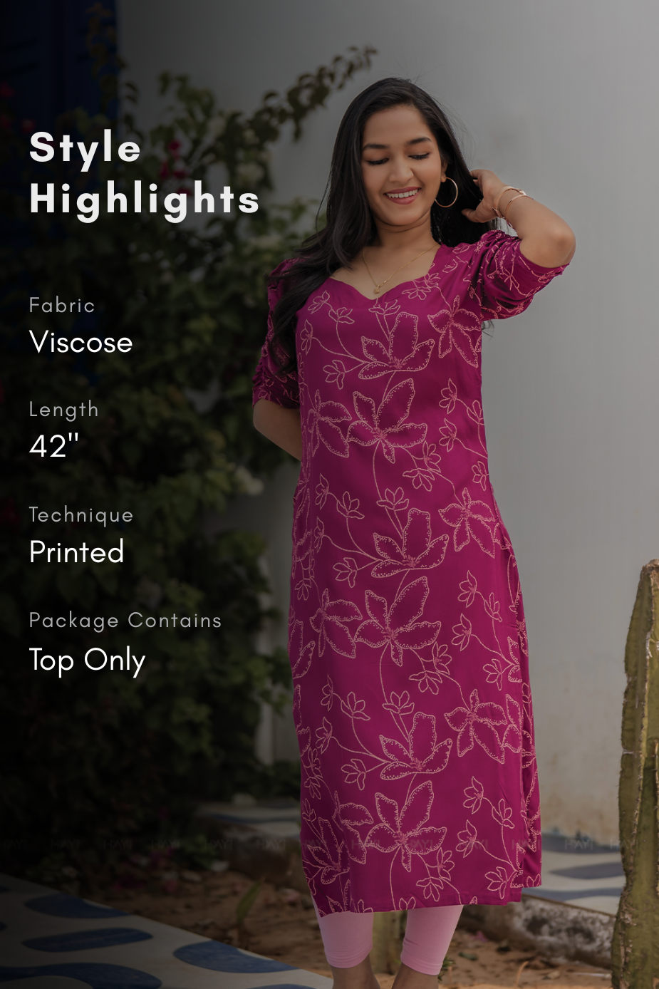 Berry Vine Violet Viscose Kurta with Sweetheart Neck &amp; Ruched Sleeves