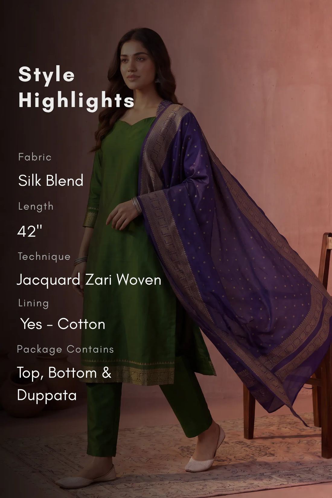 Heritage Hues Green Silk Blend 3-Piece Woven Kurta Set