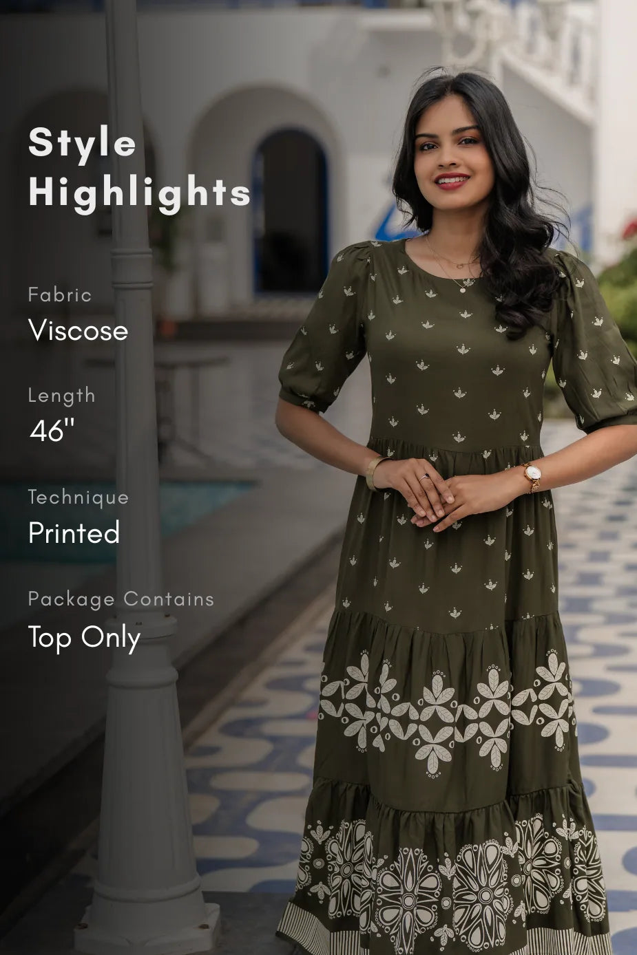 Vriksha Bloom Green Viscose Dress with Boat Neck &amp; Puff Sleeves