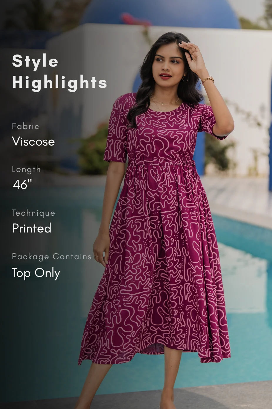 Tonal Wave Violet Viscose Dress with Round Neck &amp; Elbow Sleeves