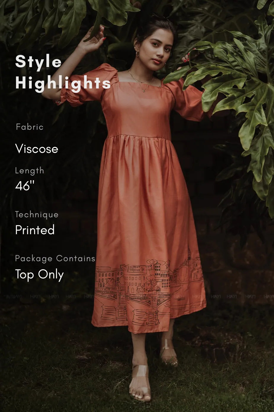 Rustic Cityline Orange Viscose with Square Neck &amp; Puff Frill Sleeves