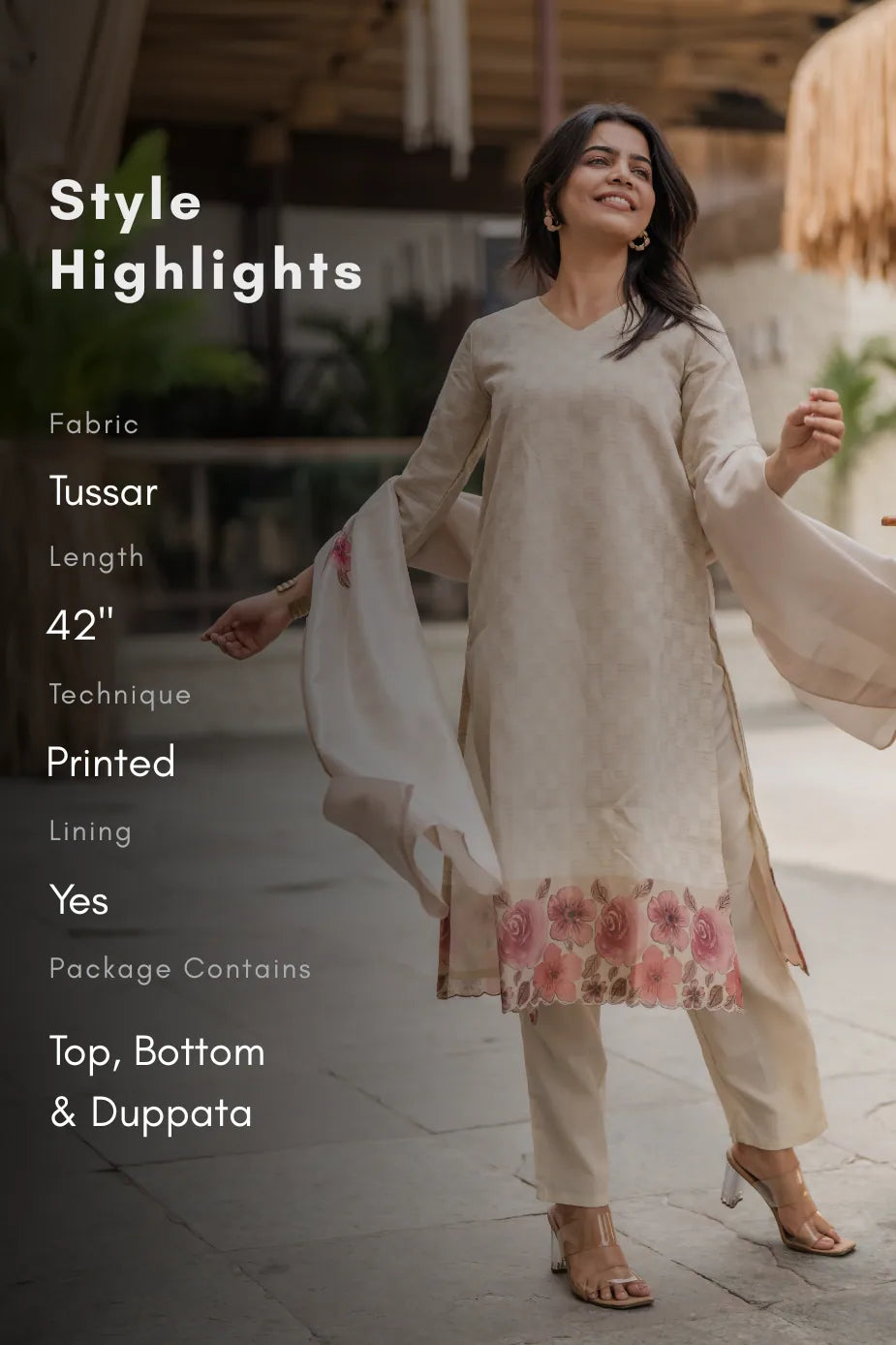 Lumi Printed 3 Piece Tussar Silk Blend Kurti Set with Dupatta