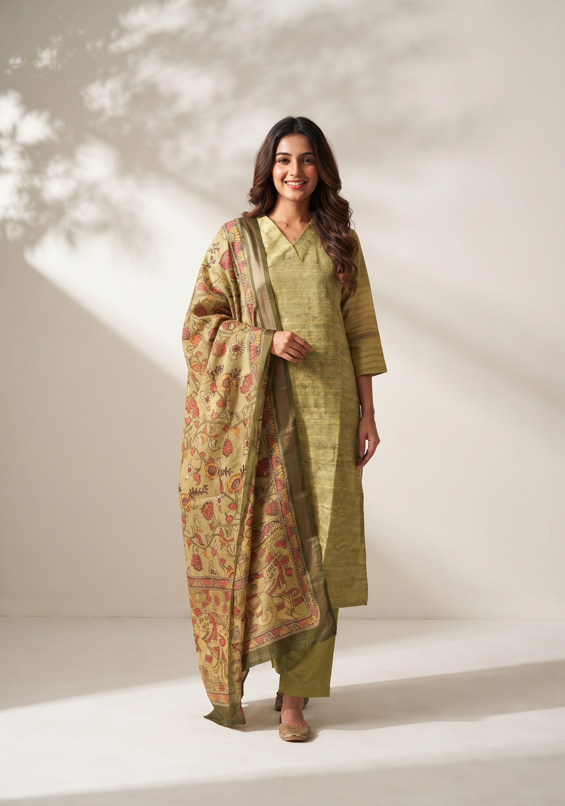 Tanira Green 3-Piece Tussar Silk Blend Floral Printed Kurta with Pant &amp; Dupatta