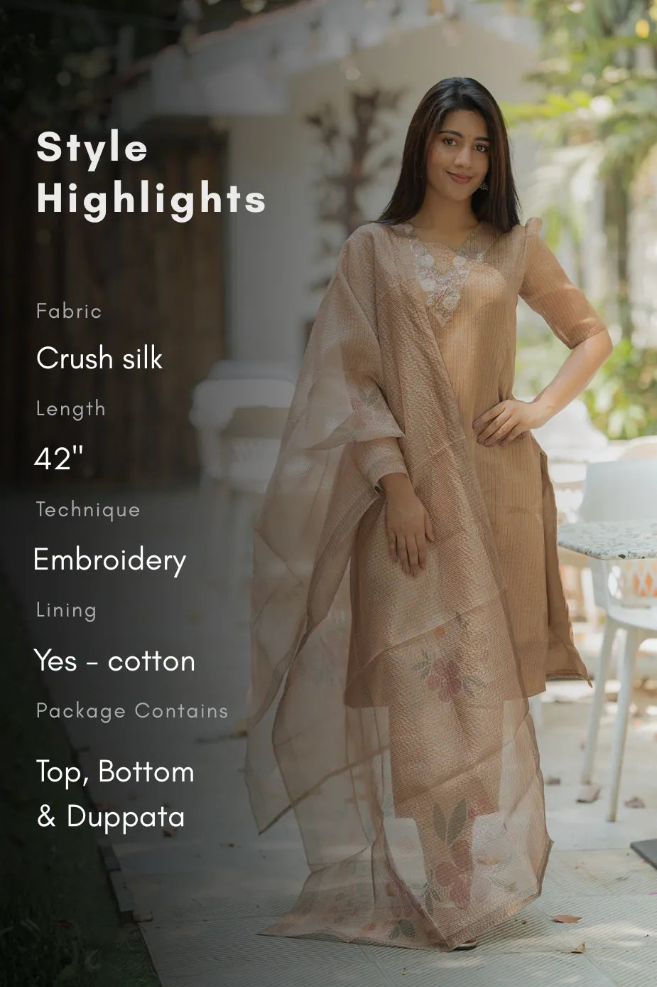Serene Beige Floral Yellow Crush Silk Kurta Set with Dupatta