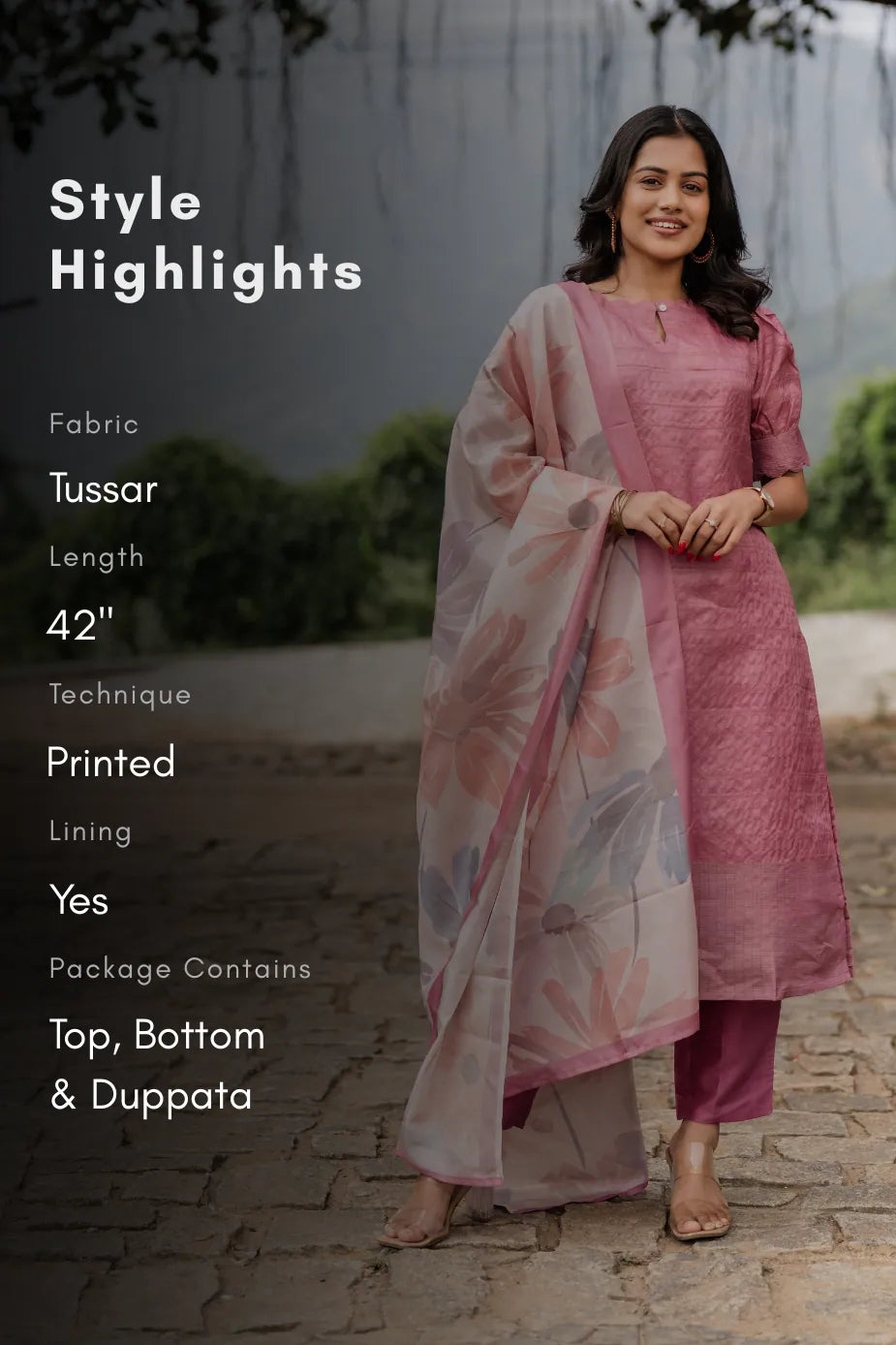 Radiance Mist Pink 3 Piece Tussar Silk Blend Printed Kurta with Pant &amp; Dupatta