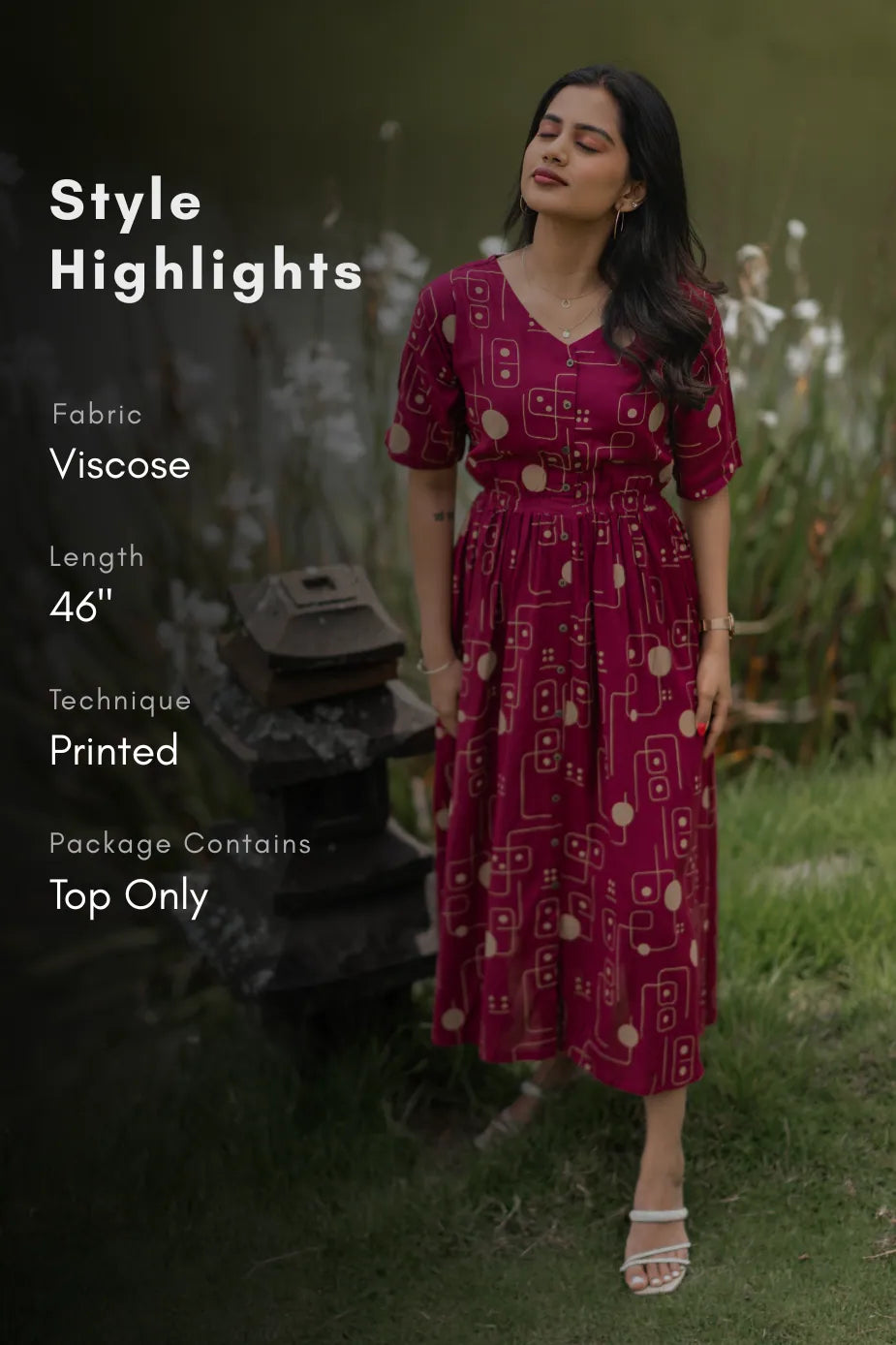 MatrixElegance Maroon Viscose with V-Neck &amp; Flared Elbow Sleeves