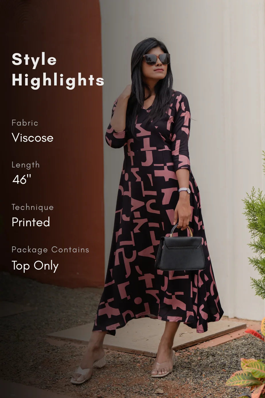 Monoglyph Brown Viscose Dress with V-Neck &amp; 3/4th Sleeves