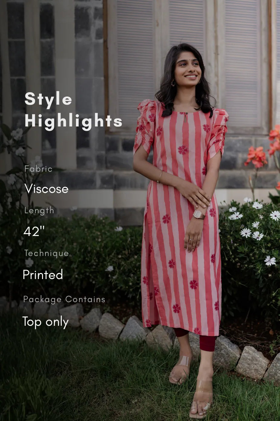 Peachy Stripes Viscose Kurta with Ruched Sleeves