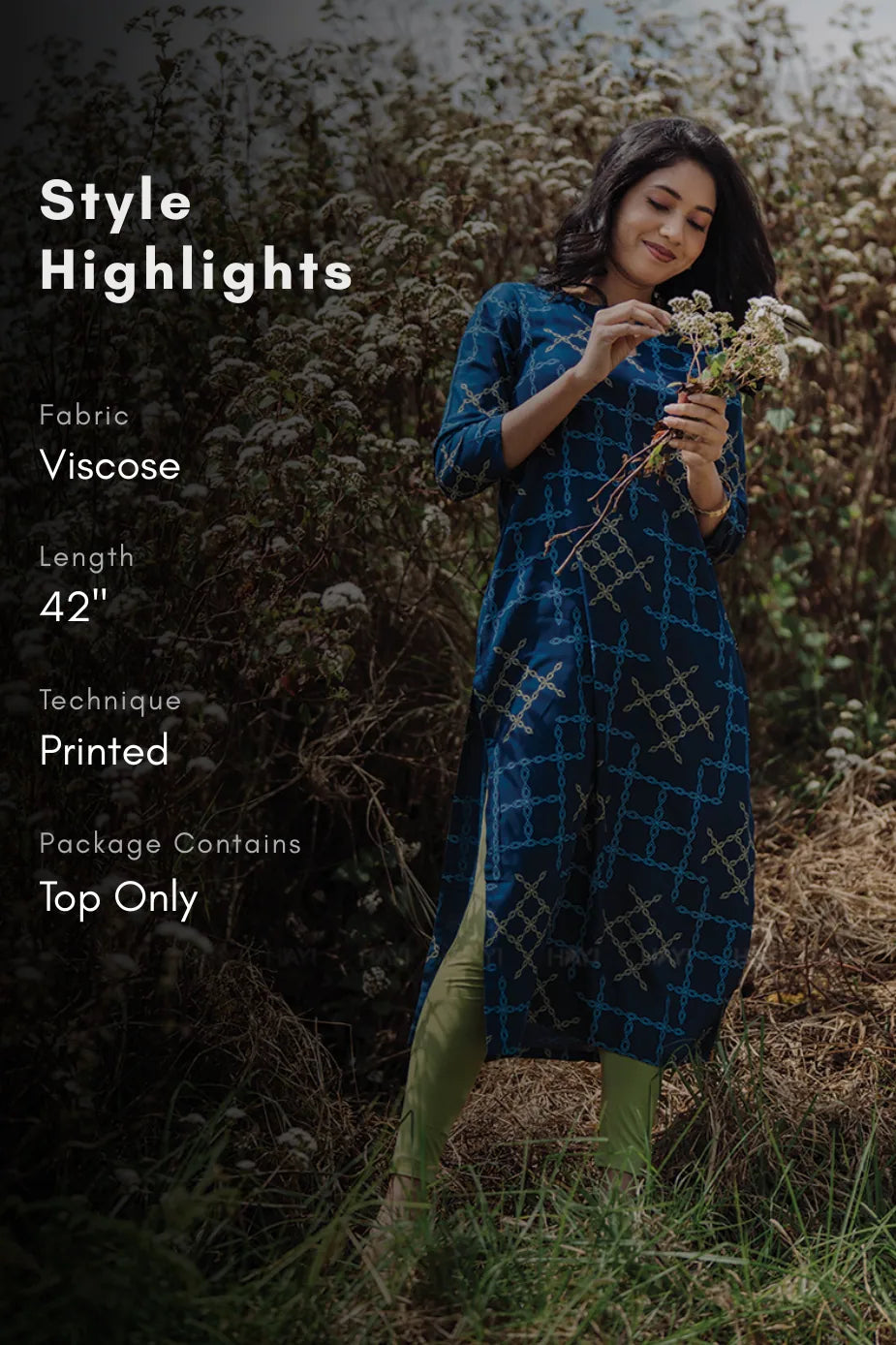 Starlink Grace Navy Viscose Kurta with Chinese Collar &amp; 3/4 Sleeves