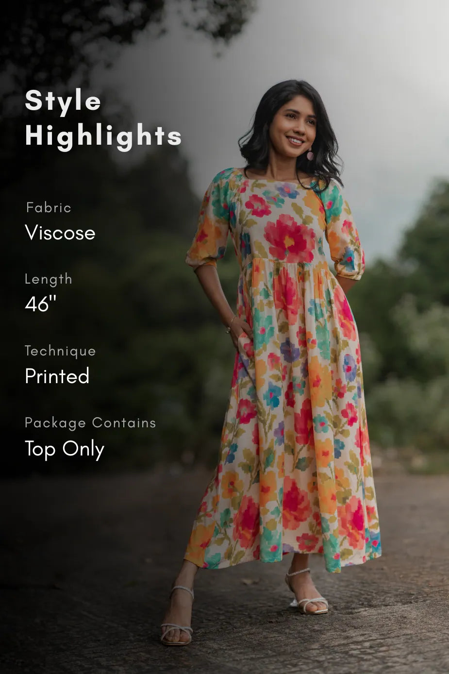 Sunblossom Breeze Beige Viscose Floral Dress with Square Neck &amp; Puff Sleeves