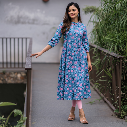 Floating Lilly Blue Printed Maternity wear and feeding dress
