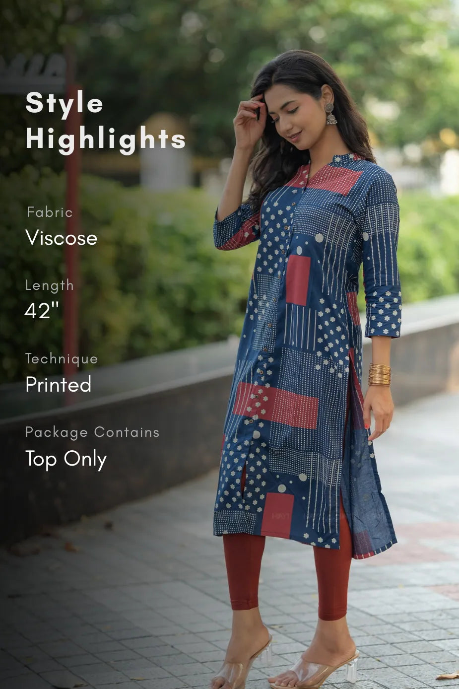 Mystical Navy Blue Viscose Kurta with Chinese Collar &amp; 3/4 Sleeves