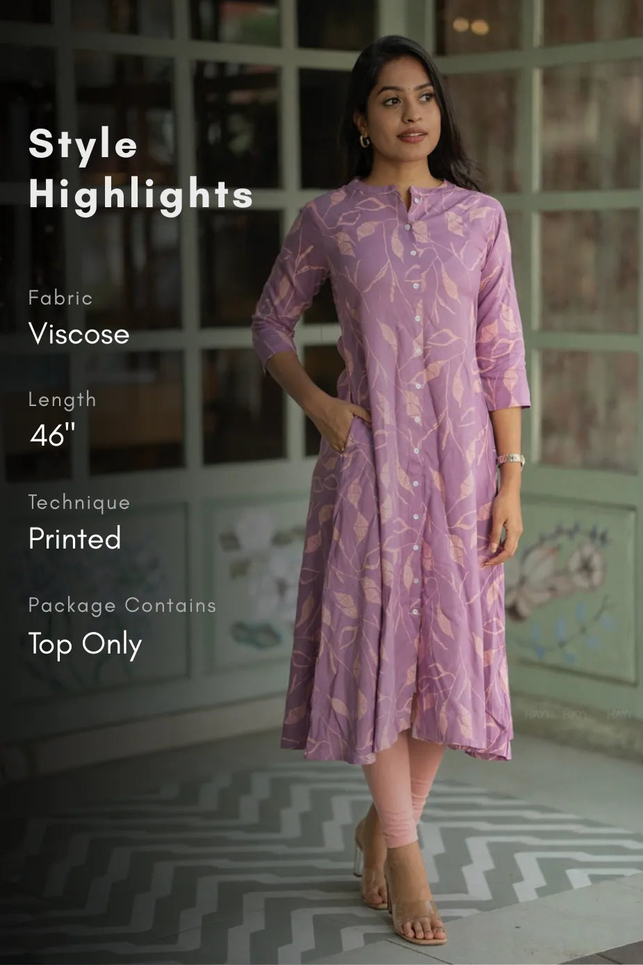 Rustic Fern Pink Viscose A-Line Kurta with Chinese Collar &amp; 3/4th Sleeves