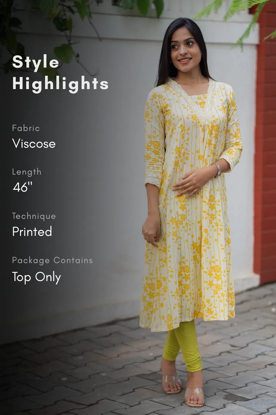 Liora Floral Line Yellow Viscose A-Line Kurta with V-Neck &amp; 3/4th Sleeves
