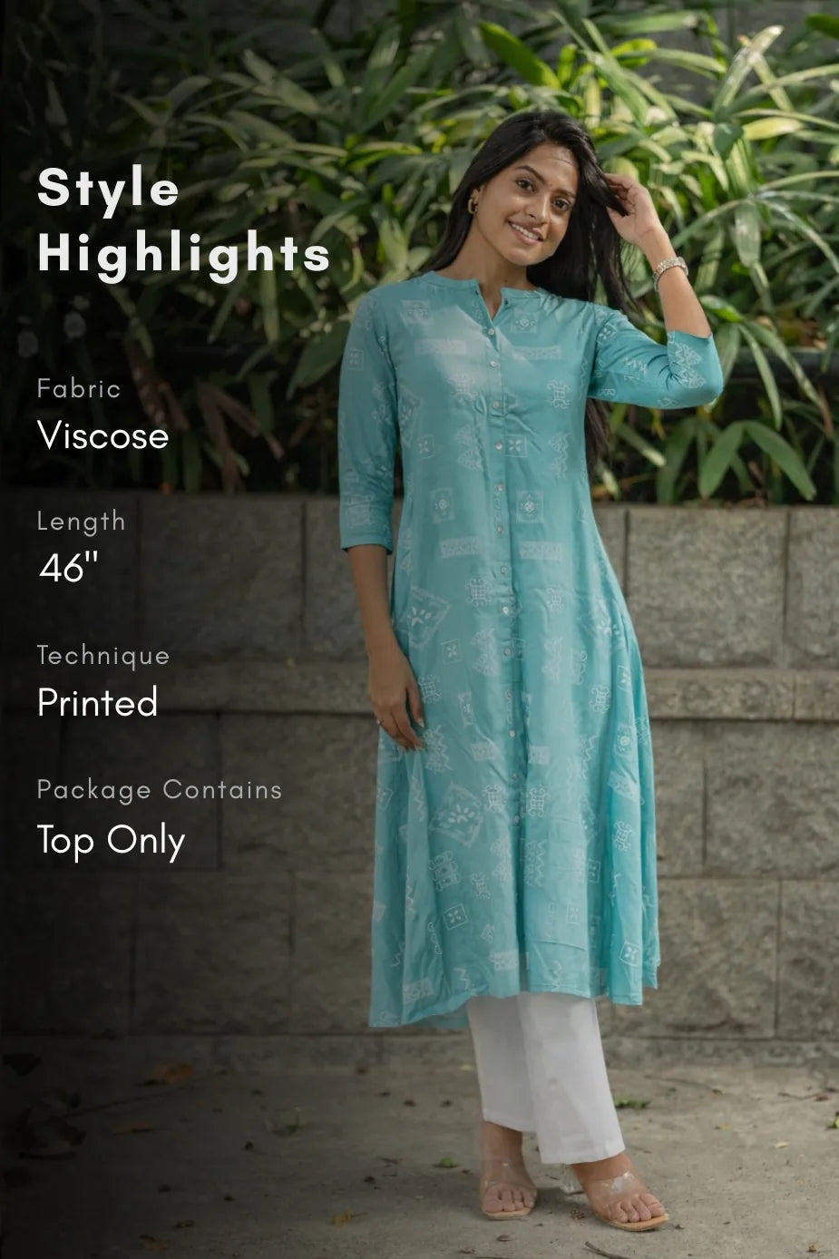 Mist Loom Blue Viscose A-Line Kurta with Chinese Collar &amp; 3/4th Sleeves