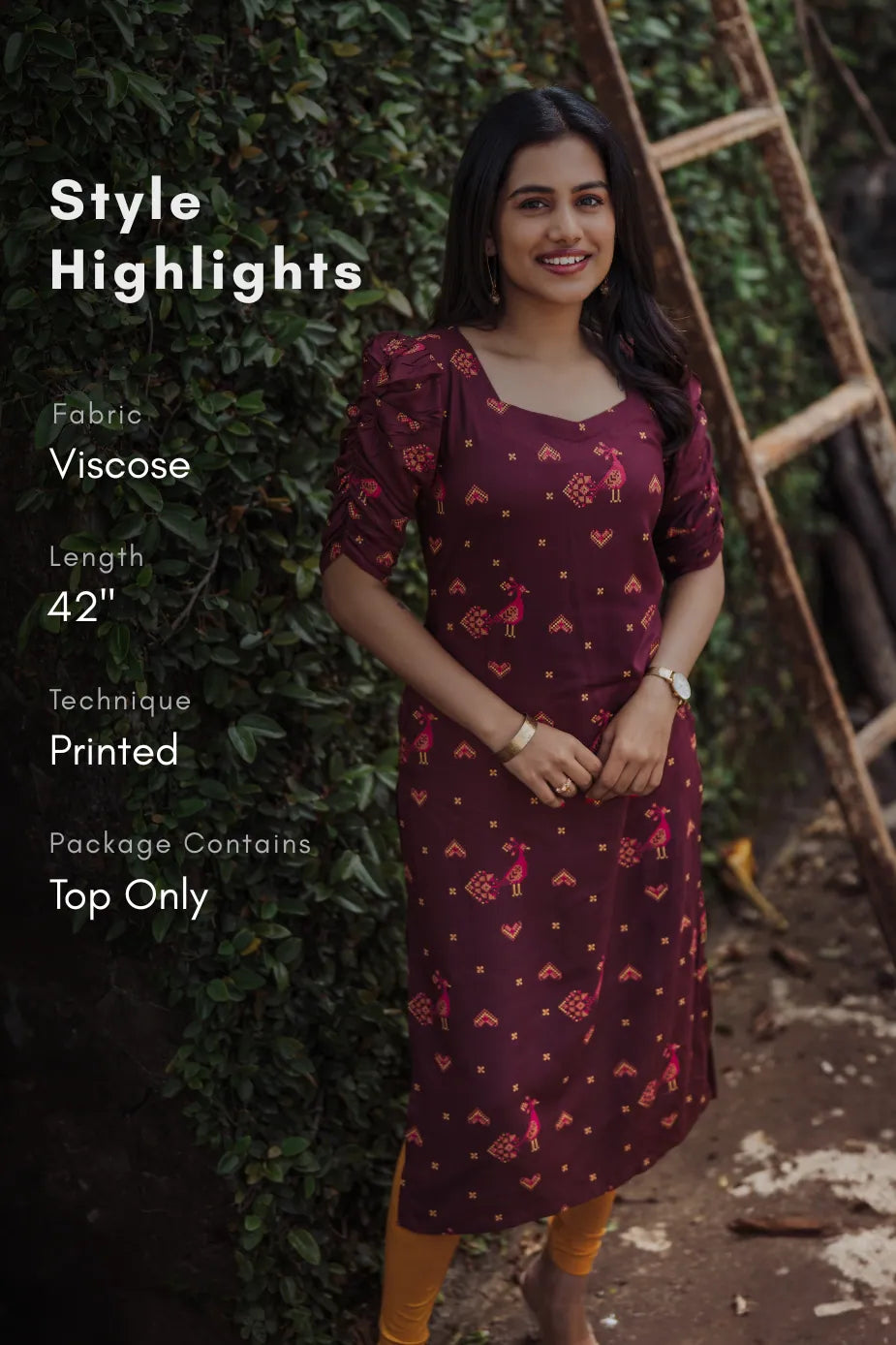Crossloom Fable Brown Viscose Kurta with Sweetheart Neck &amp; Ruched Sleeves