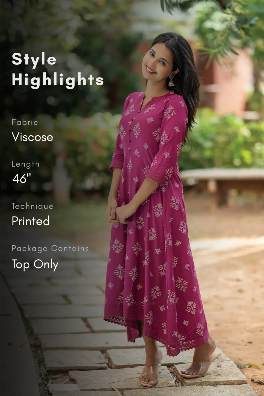 Celeste Violetta Violet Viscose Dress with Chinese Collar Neck &amp; 3/4 Sleeves