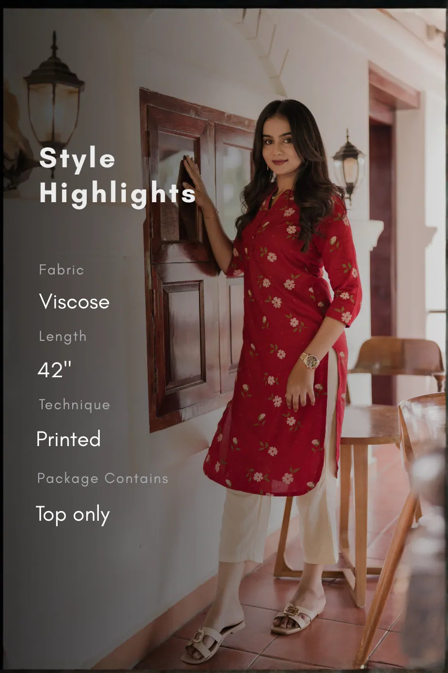 Rosethorn Charm Red Viscose Printed Elegant Kurta