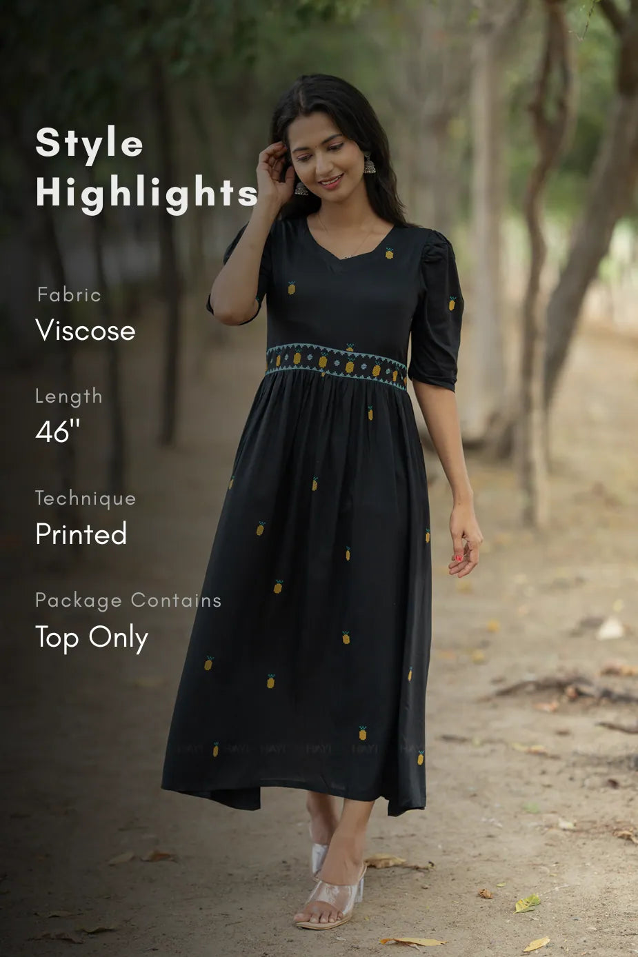 Starry Pineapple Black Viscose with Leg-O-Mutton Sleeves