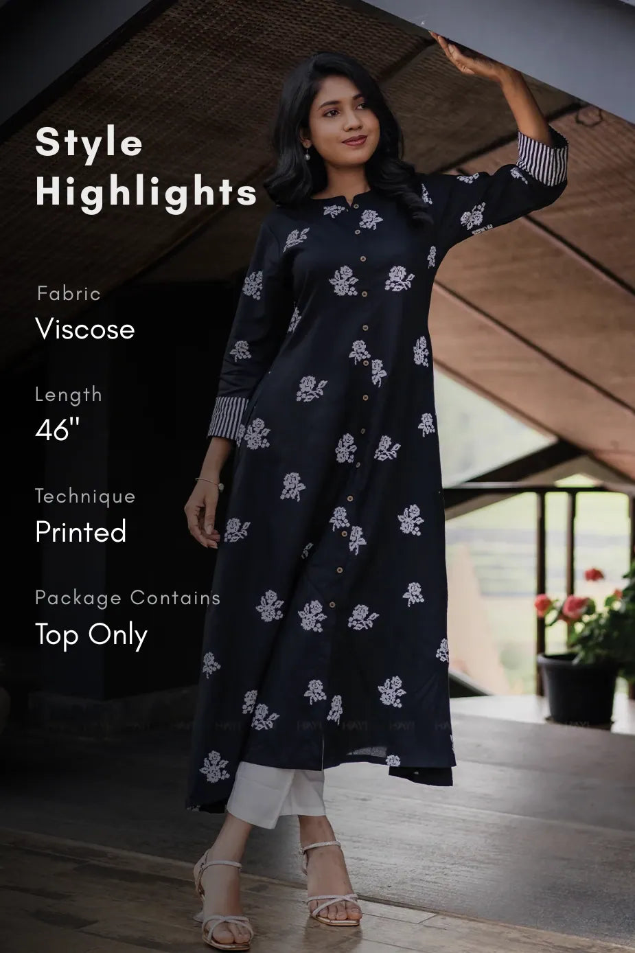 Starlace Flora Black Viscose A-Line Kurta with Chinese Collar and 3/4 Sleeves