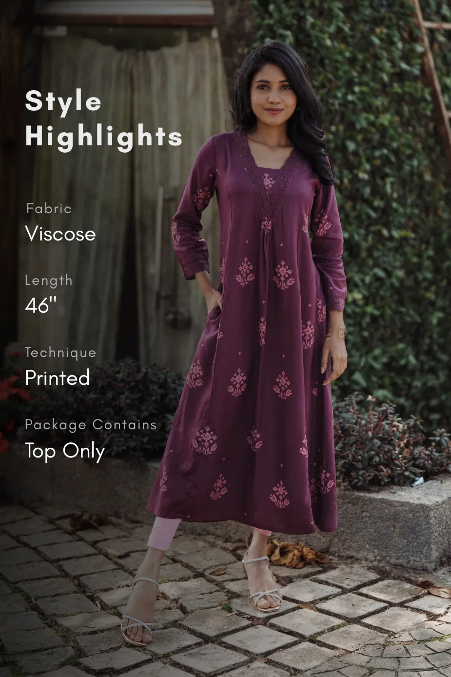 Plumi Pile Brown Viscose A-Line Kurta with V-Neck &amp; 3/4 Sleeves