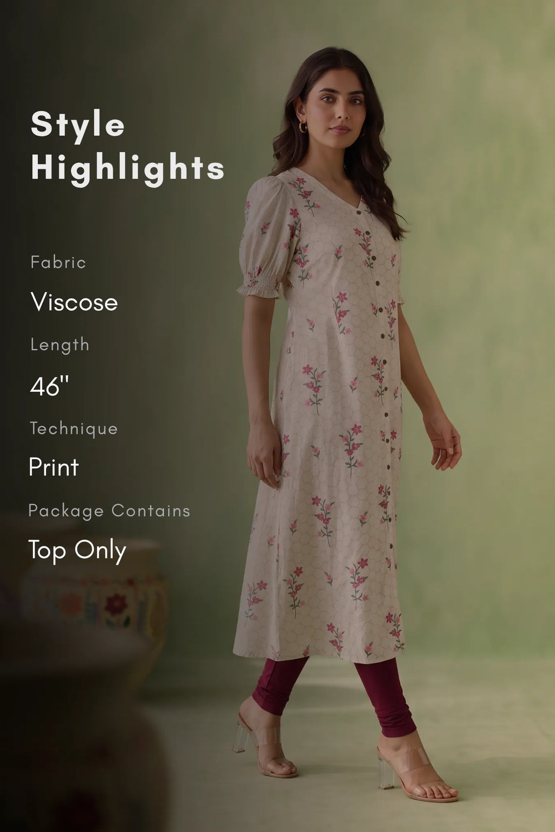 Little Flora Beige Floral Printed Viscose A-Line Kurta