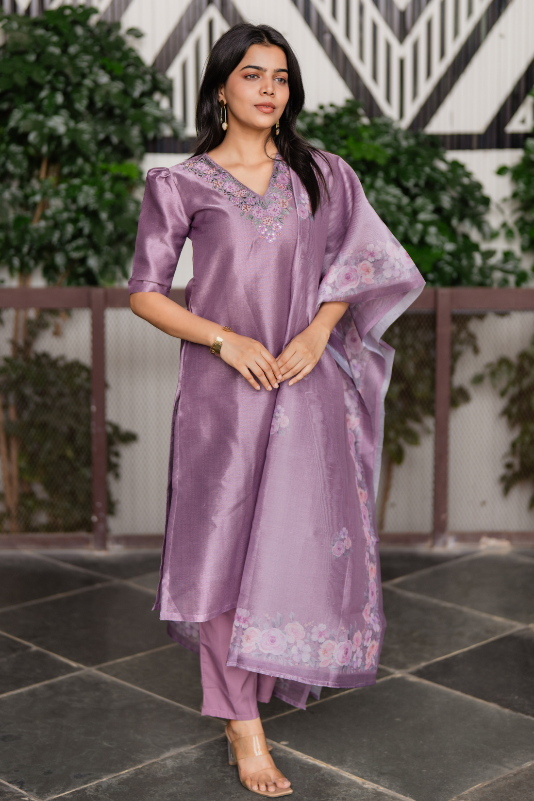 Divine Lilac Lavender Embroidered 3 Piece Organza Silk Blend Kurti Set with Dupatta
