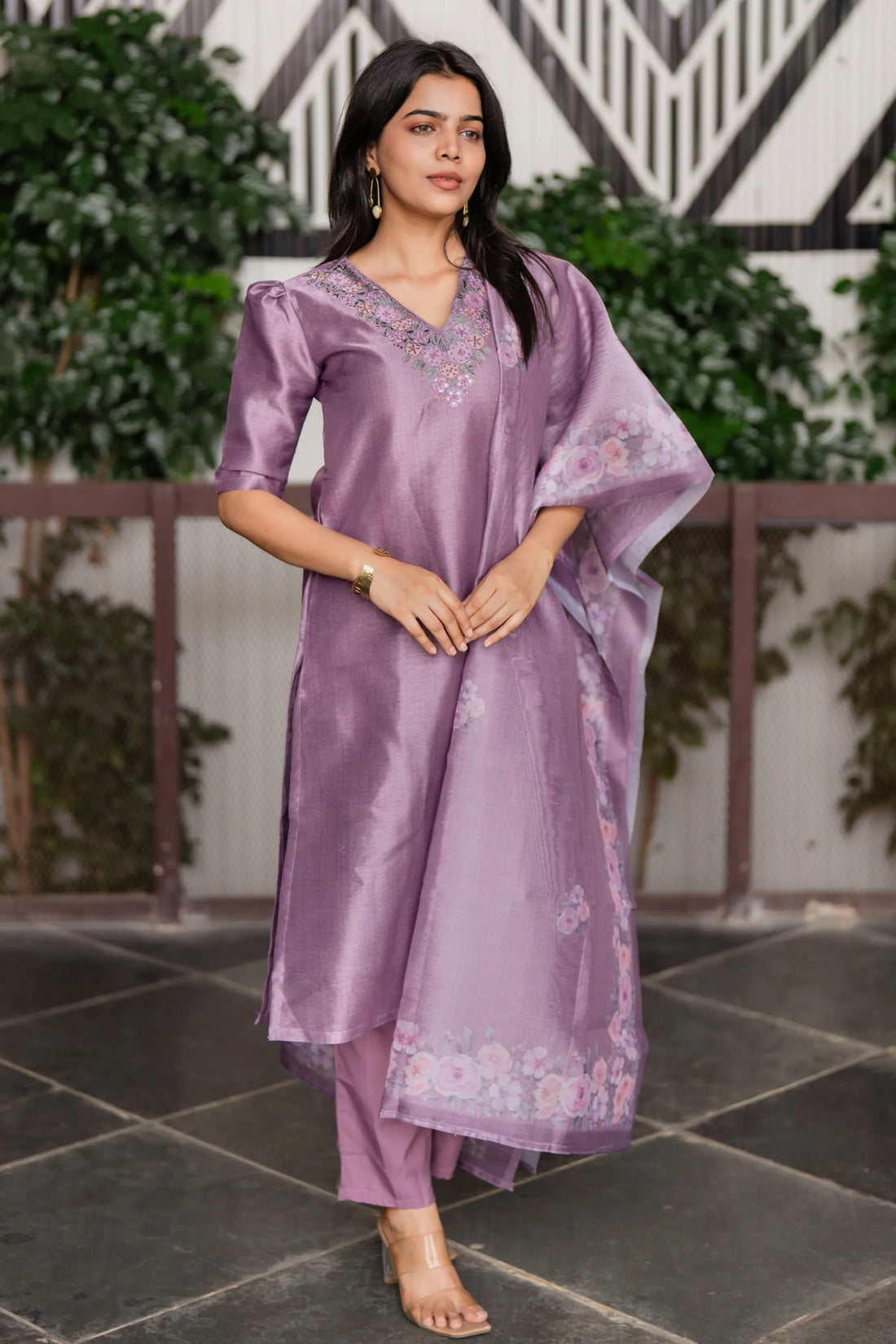 Divine Lilac Lavender Embroidered 3 Piece Organza Silk Blend Kurti Set with Dupatta