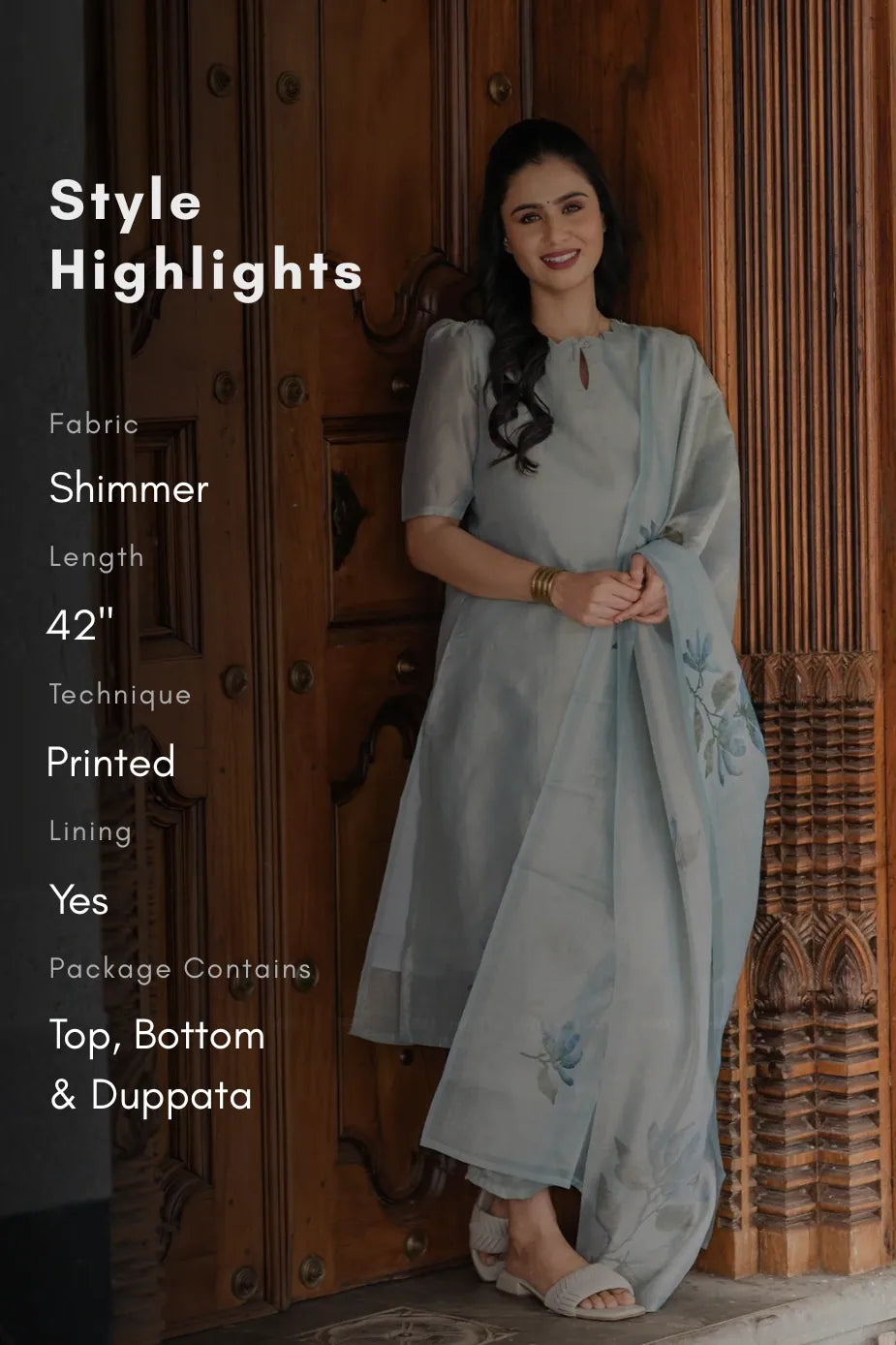 Periwinkle 3 Piece Blue Shimmer Tissue Printed Kurta with Pant &amp; Dupatta