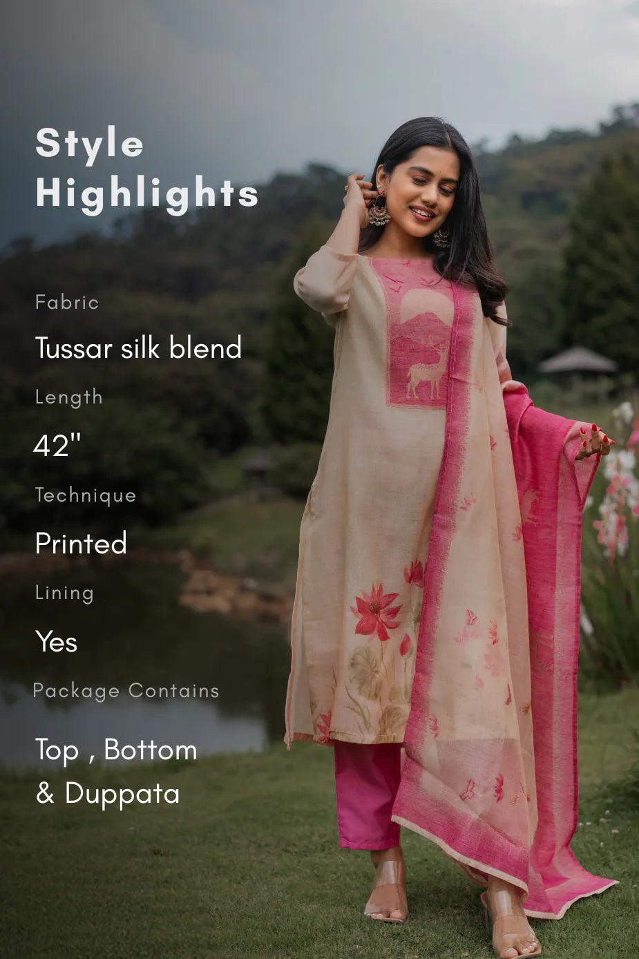 Lotus Lara Printed 3 Piece Tussar Silk Blend Kurta Set with Dupatta