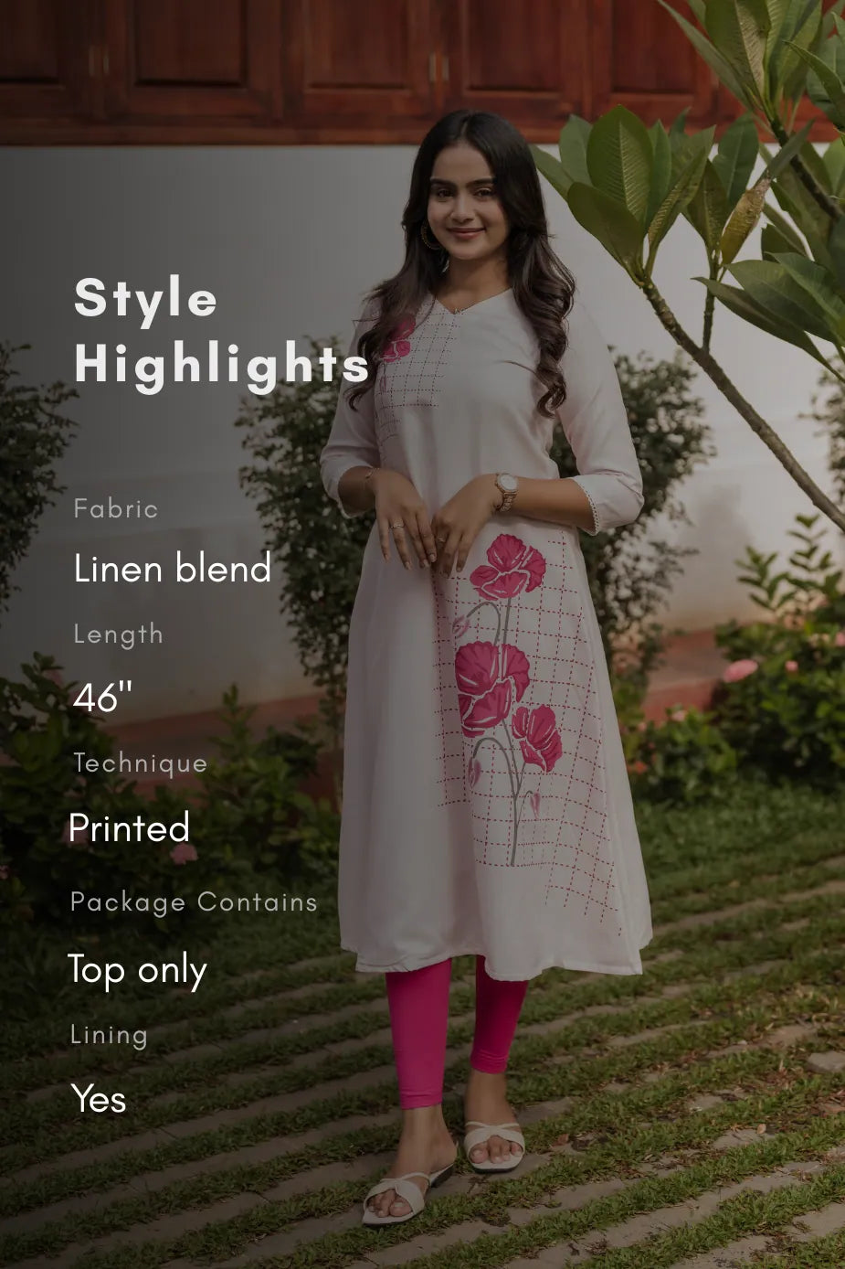 Rosecheck Path Beige Linen Blend Printed A-Line Dress