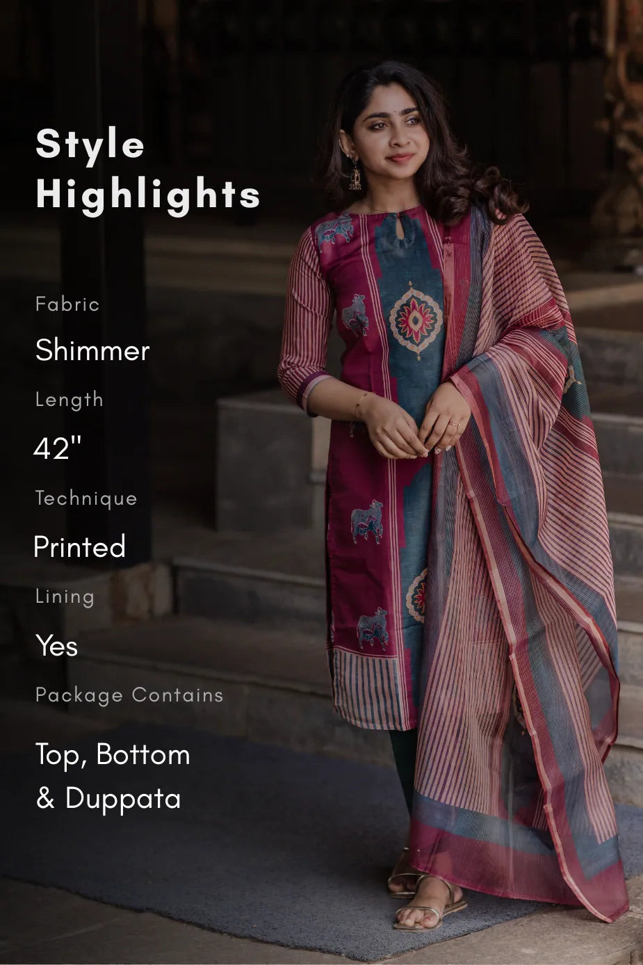 Rustic Grace Red 2 Piece Shimmer Tissue Blend Placement Printed Kurta with Dupatta