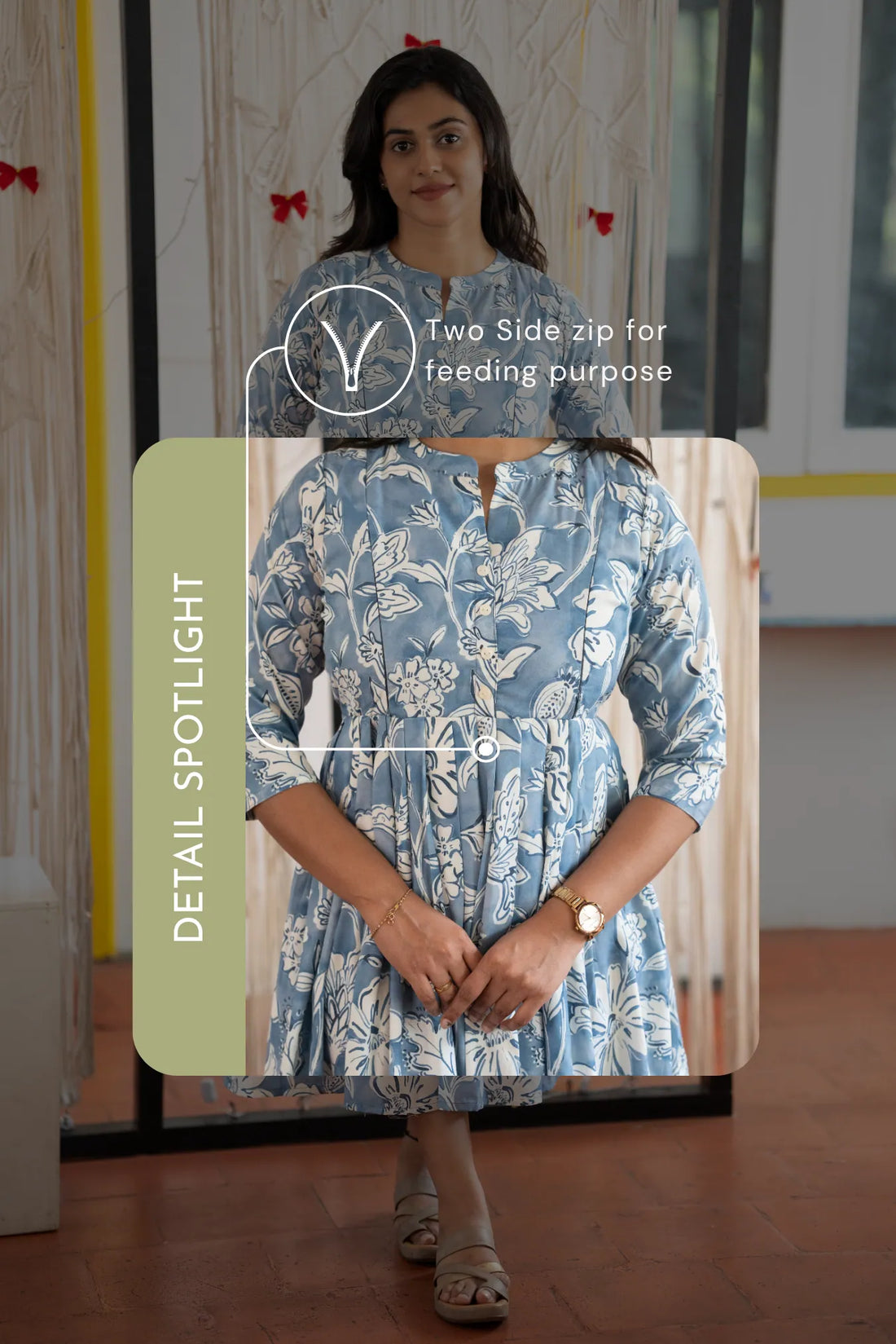 Classic Delight Blue Printed Maternity and Feeding Dress