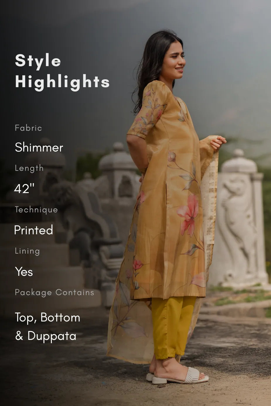 Floral Silkshine Yellow 3 Piece Shimmer Tissue Blend Floral Placement Printed Kurta with Pant &amp; Dupatta