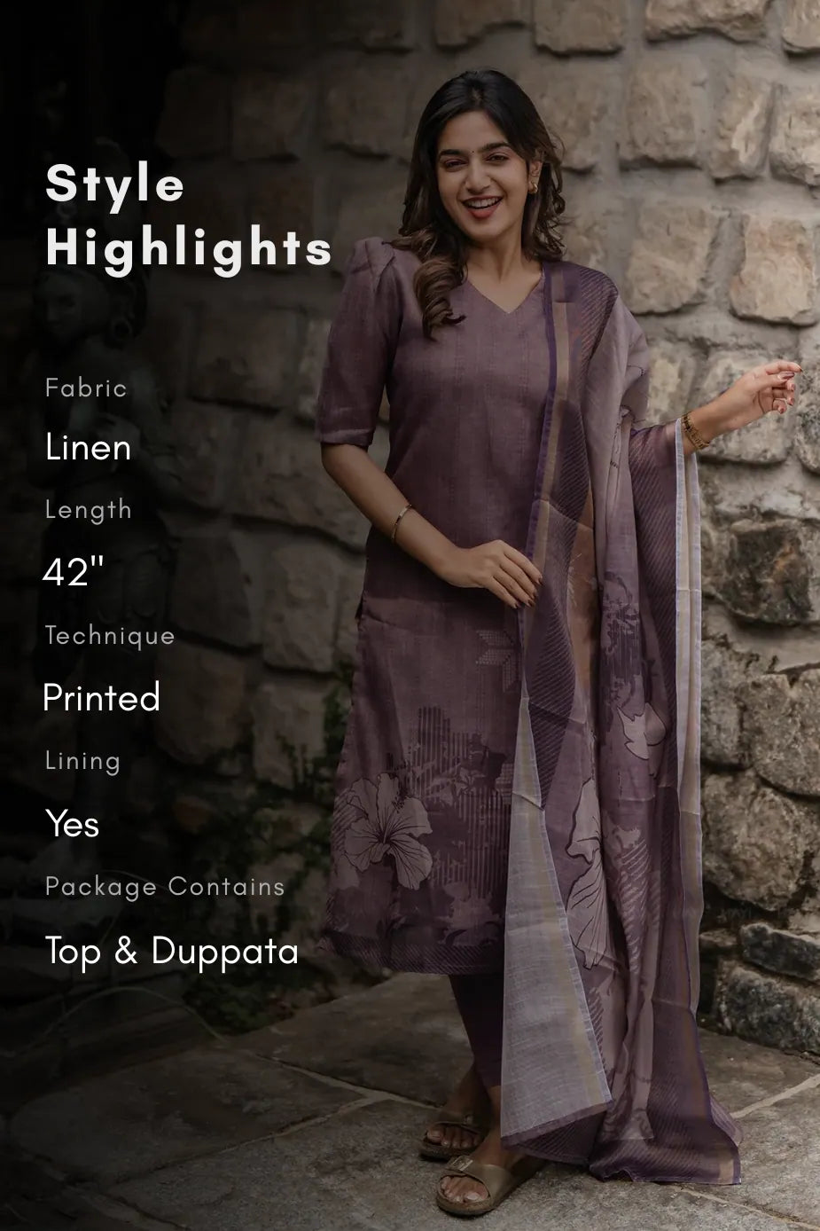 Nritya Lavender printed 2 Piece Linen Shimmer Kurta with Dupatta