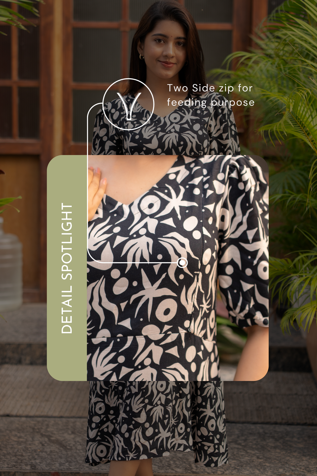 Luna Mist Dark Grey Printed Maternity and Feeding Viscose Dress