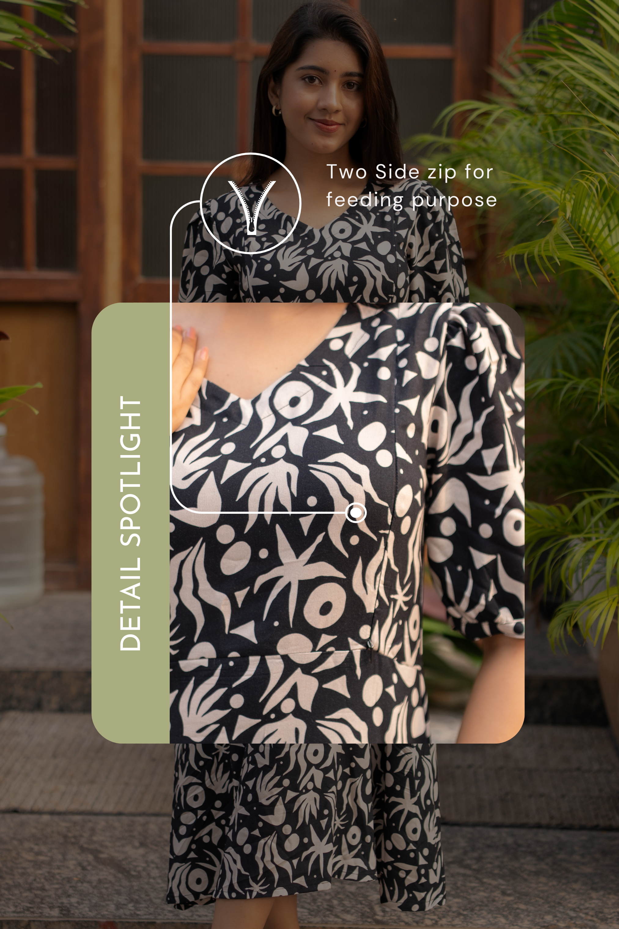 Luna Mist Dark Grey Printed Maternity and Feeding Viscose Dress