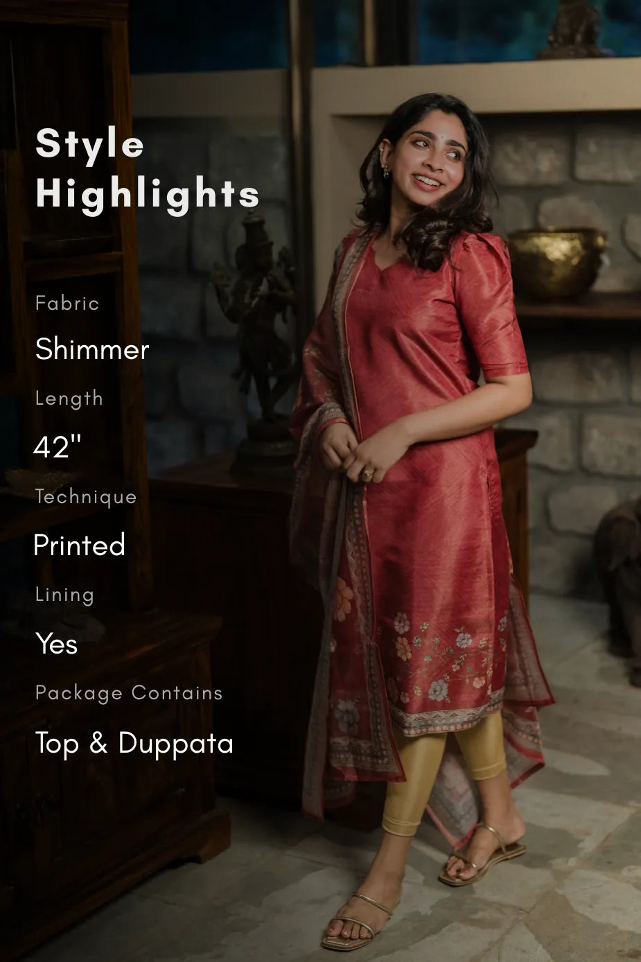 Tapestry Red printed 2 Piece Muslin Shimmer Kurta with Dupatta