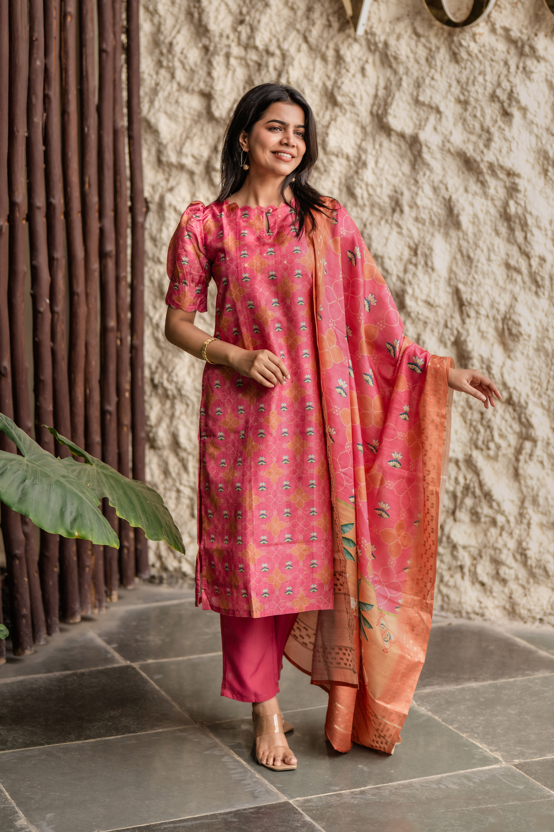 Pink Heritage 3 Piece Tissue silk blend printed Kurta with Pant &amp; Dupatta