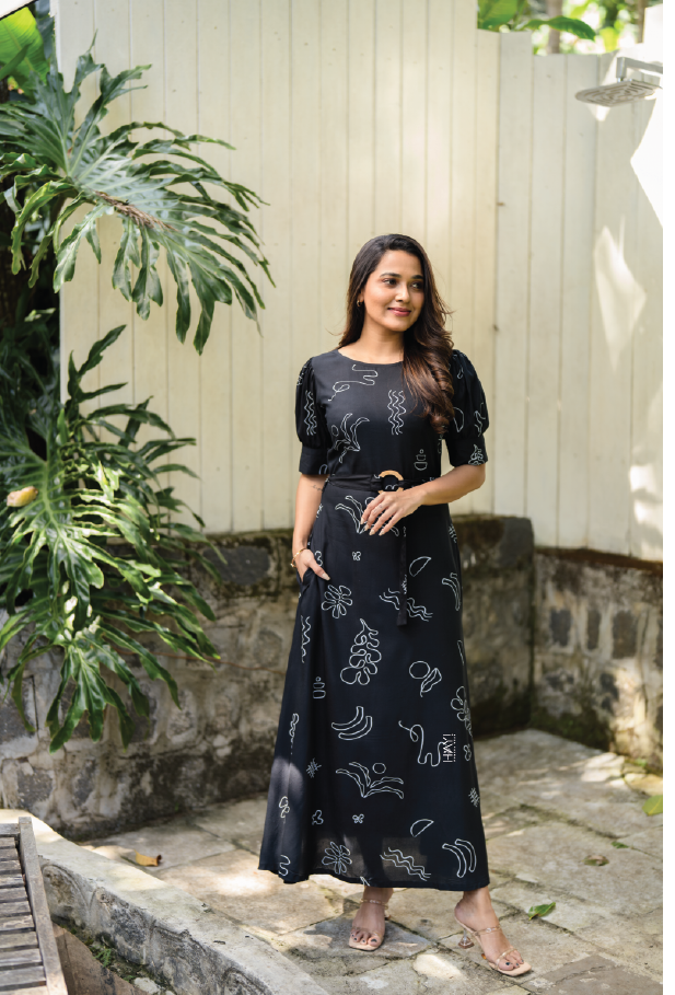 Black Bold In Boho Viscose Printed Dress