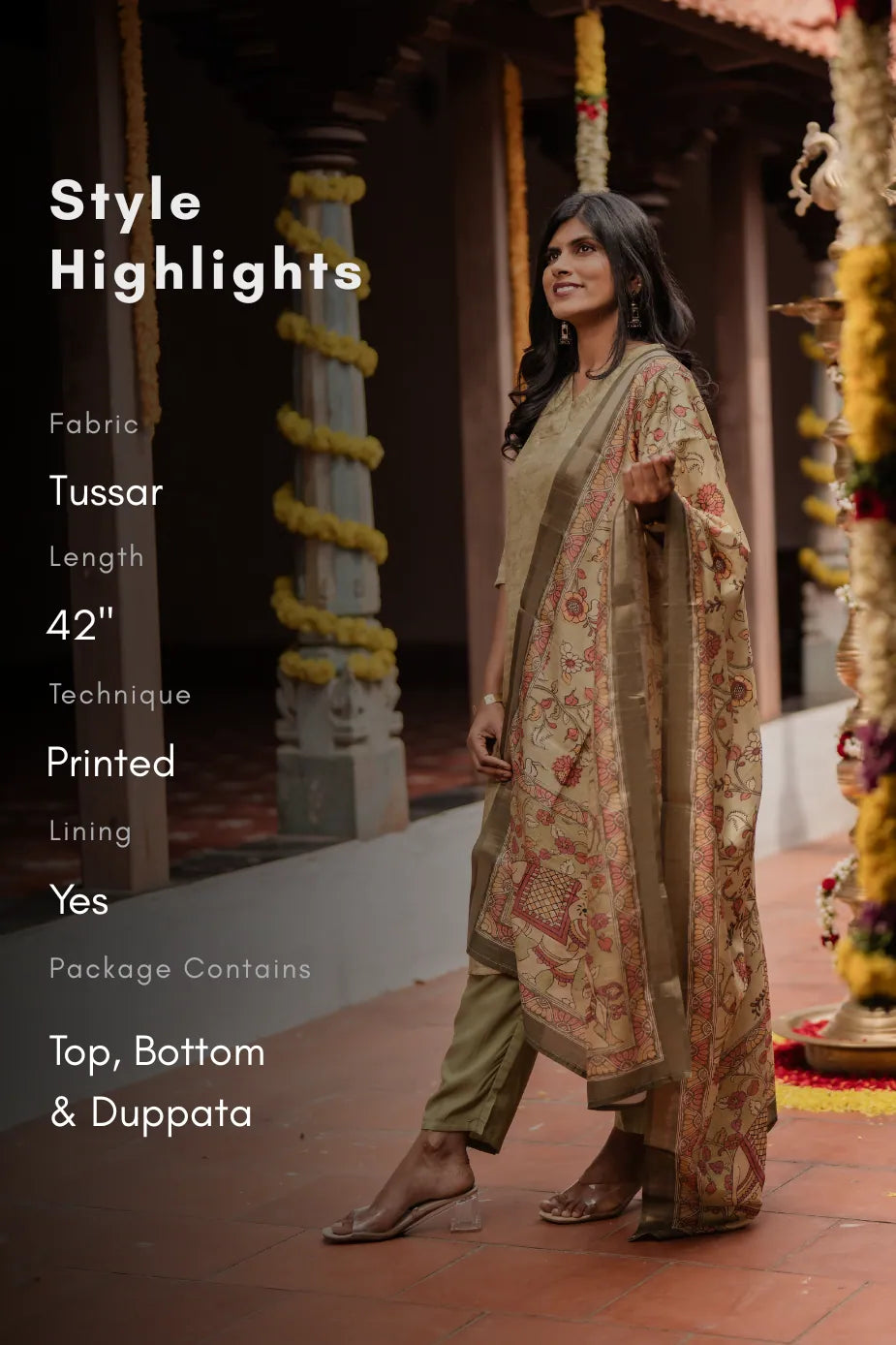 Tanira Green 3-Piece Tussar Silk Blend Floral Printed Kurta with Pant &amp; Dupatta