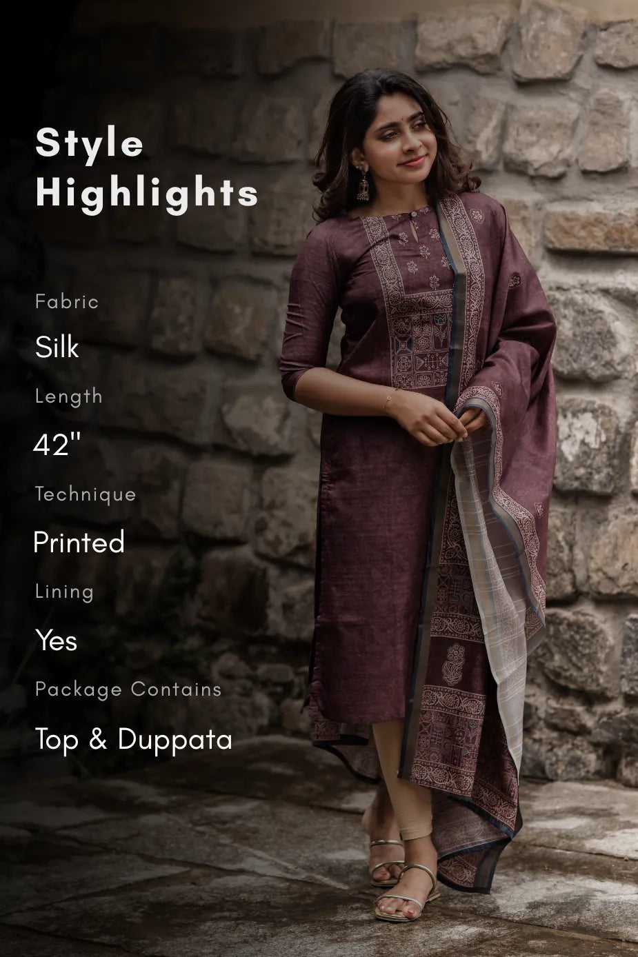 Tanira Brown printed 2 Piece Khata Silk Kurta with Dupatta